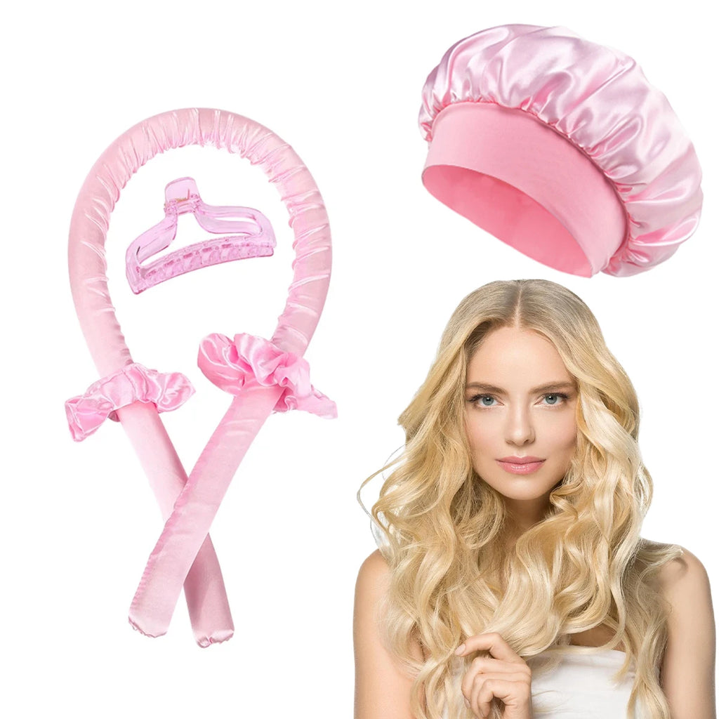 Silkora heatless curl set in Pink with satin bonnet