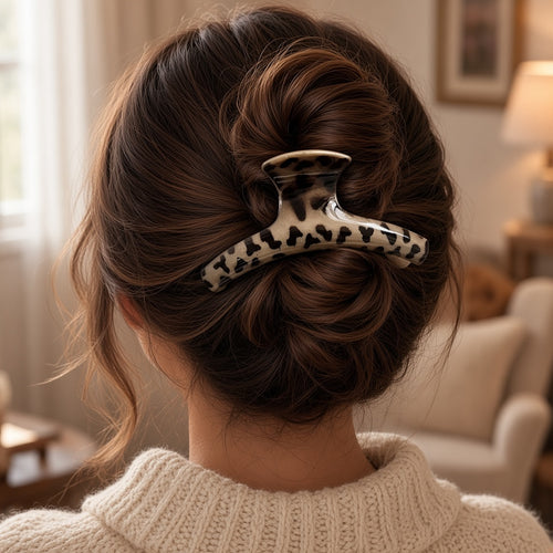 Large leopard claw clip holding an updo