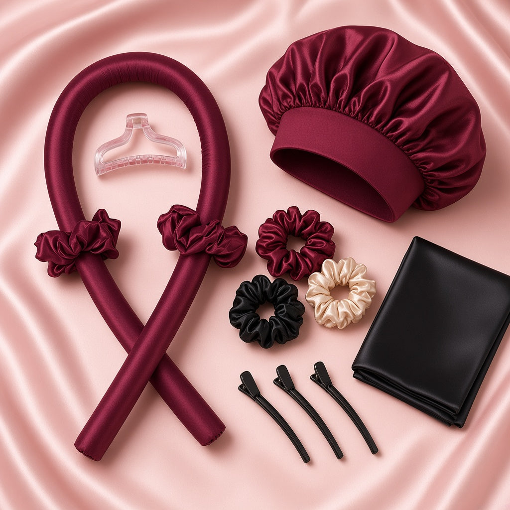 Silkora Night Routine Bundle in Wine Red with black pillowcase