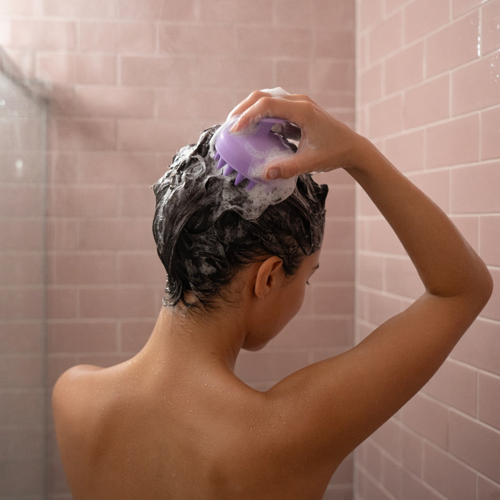 Scalp massager brush in use in the shower
