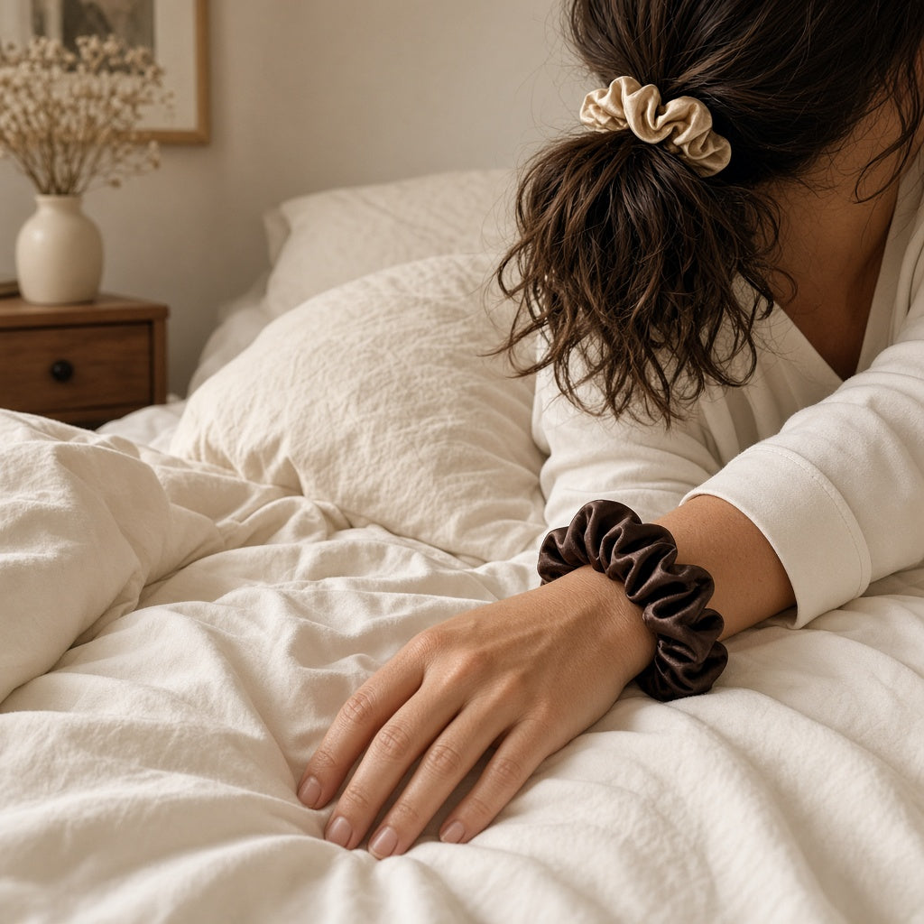 Satin scrunchies worn in a ponytail and on the wrist
